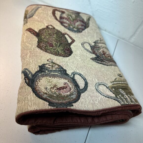 Vintage Table Runner Tapestry Tea Cups Teapot  English Tea  Burgandy 64” x 12” - Picture 3 of 3